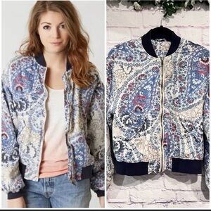 Free People Daytrip Paisley Print Lined Quilted Bomber Jacket in a blue floral